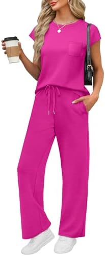 A vivid hot pink two-piece set cut from silky, four-way stretch spacer knit with a cap sleeve top and relaxed wide-leg pants.