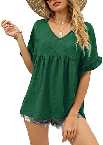 A deep dark green shade grounds the breezy ruffle sleeves and loose peplum hem on this lightweight summer blouse.