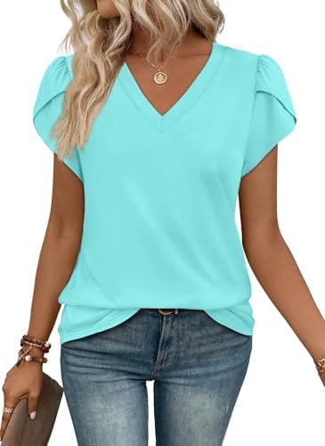 A soft pastel light green tee with overlapping tulip sleeves and a clean V-neckline for sunny days.