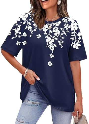 Printed blossoms across deep navy give this loose summer tunic top an easy rhythm that carries well from desk to dinner.