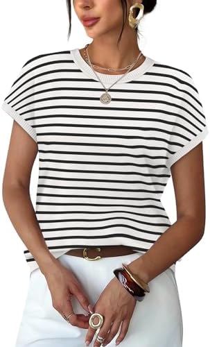 Horizontal bands in our Striped 04 pattern give this featherlight cap-sleeve knit an easy, breezy daytime look.