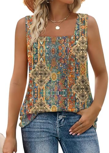 A square neck frames the collarbone on this breezy sleeveless tank, patterned in an earthy boho motif for sunlit days.