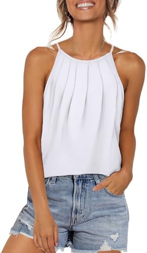 Clean white halter straps meet front pleating on this easy cami cut with plenty of room through the body.