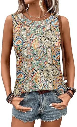 A curved hemline softens this sleeveless tank, patterned in an earthy boho print that pairs easily with denim shorts.