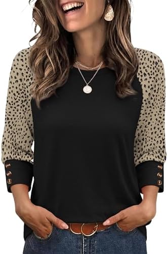 A warm brown leopard pattern covers the raglan sleeves on this button-trimmed knit top, built with room through the midsection.