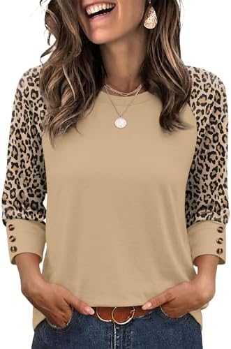 Warm khaki leopard print meets solid contrast raglan sleeves on this soft three-quarter top with decorative neckline buttons.