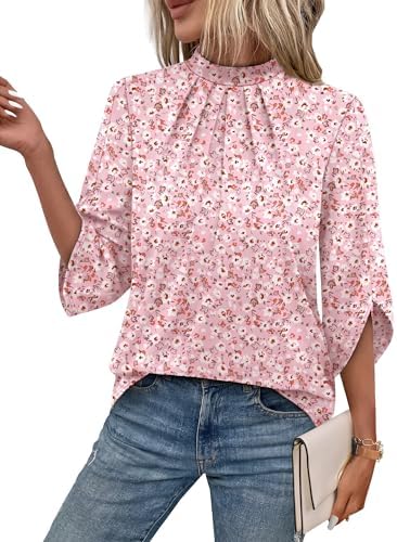 Delicate front pleating and overlapping petal sleeves give this pink floral blouse a neat drape that stays comfortable all day.