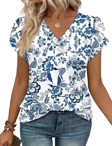Crisp blue floral motifs over a white ground give this soft stretch top a fresh feel for warm sunny days.