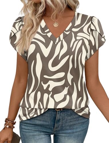 Earthy zebra stripes meet delicate petal sleeves on a soft knit blouse cut with a classic V-neckline.