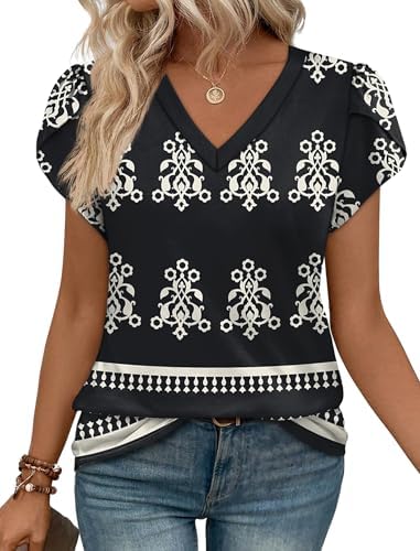 Lace-edged petal sleeves and a rich Boho Black print turn this soft stretch knit V-neck into an easy warm-weather favorite.
