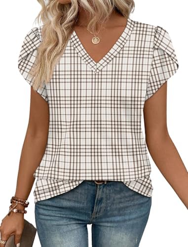 Overlapping petal sleeves and a blue plaid print bring texture to this soft stretch knit V-neck blouse.