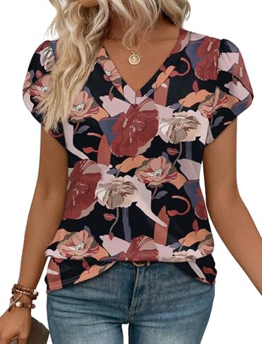 Petal sleeves with lace trim frame a dark botanical print that easily transitions from workday slacks to weekend denim.