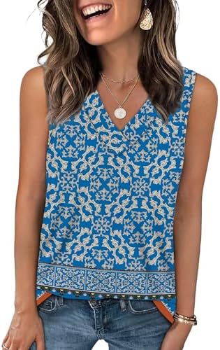 A cool-touch knit tank in a vibrant blue ethnic floral print, cut with a relaxed V-neckline and breezy sleeveless armholes.