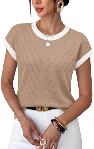 Textured sweater stitching in light coffee makes this lightweight cap sleeve top a steady layer under summer linen blazers.