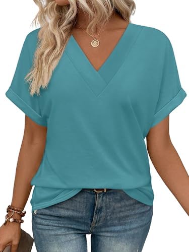 Cut with rolled cuffs and a clean V-neck, this blue tee uses our soft rayon blend knit that holds up all day through warm weather.
