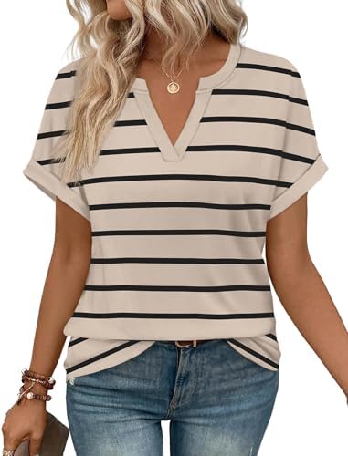 Crisp khaki and black stripes give this soft v-neck top a clean, structured look that pairs easily with white denim or slacks.