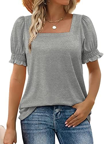 A soft grey top cut with an open square neckline and stretchy ruffle sleeves that transition easily from desk hours to dinner.