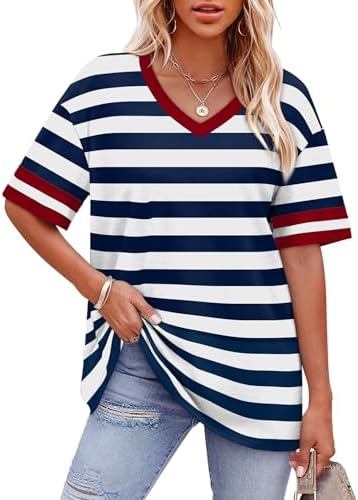 Crisp navy and white stripes frame the half-length sleeves on this airy knit tee, cut with extra room through the torso.