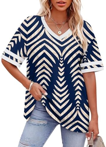 Contrasting striped cuffs and a deep navy print bring crisp visual interest to this airy, relaxed half-sleeve top.
