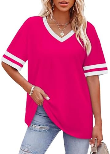 A vivid hot pink knit tee accented with sporty striped sleeve cuffs brings bright energy to warm-weather routines.