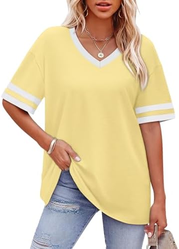 A bright yellow knit tee with sporty striped cuffs brings sunny energy to denim shorts and morning walks.