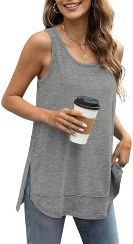 A relaxed grey scoop neck tank cut with inside-out raw edges, side slits, and a curved front hem for breezy layering.