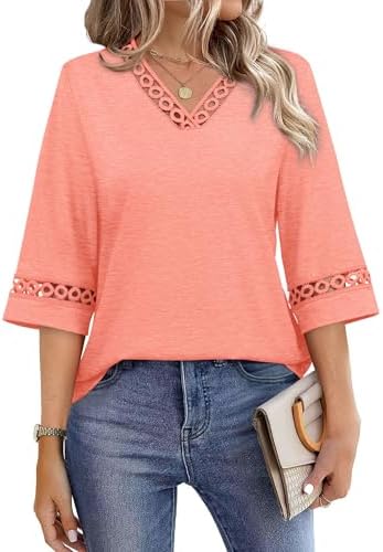 Delicate eyelet lace trims the neckline and flared cuffs of this warm coral blouse, cut with a relaxed drape for warm afternoons.