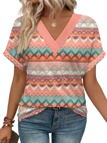 Horizontal boho stripes in warm tones give this soft V-neck tee a relaxed, sun-washed look for warm weather trips.