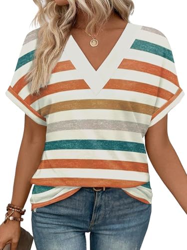Clean orange striping and rolled cuff sleeves give this soft stretch knit tee an easy, laid-back look for warm afternoons.