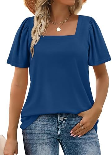 A clean square neckline and soft puff sleeves define this lightweight summer knit top in cool denim blue.