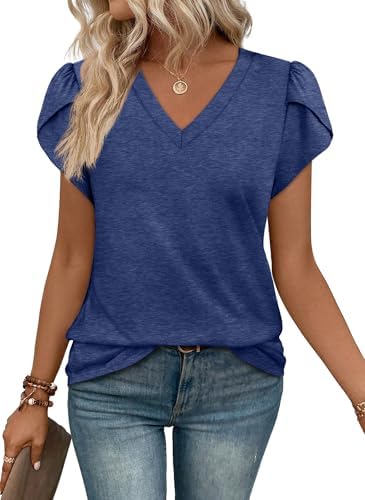A deep navy knit top shaped with curved tulip sleeves and an open V neckline that pairs cleanly with white denim or khaki shorts.