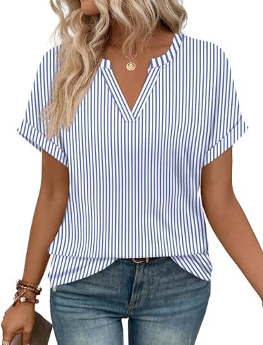 Crisp blue and white stripes meet a soft tunic drape and cuffed sleeves for sunny days out.