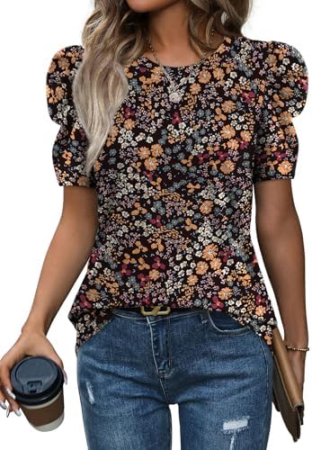 Bright petals scatter across this round neck tee, finished with gathered leg-of-mutton sleeves that hold their shape.