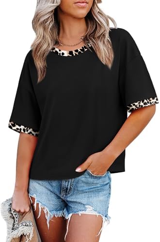 Bold leopard spots meet crisp black trim on this boxy half-sleeve tee cut with a breezy drop shoulder.