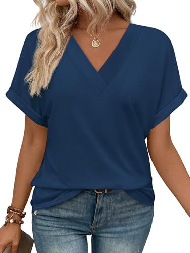 Deep navy knit cuts a clean line in this easy V-neck tee with permanently rolled cuffs.