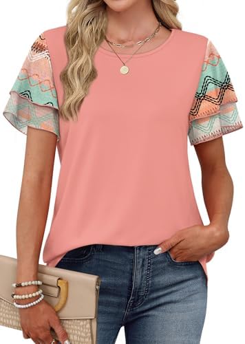 Flowy double-layer chiffon sleeves add airy movement to this soft coral floral top, cut for sunny afternoons and easy travel packing.