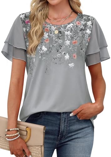 Muted gray floral blooms meet breezy double-layer chiffon sleeves on a summer top made for easy days.
