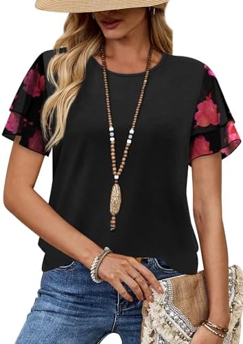 Double-layer chiffon ruffles frame this everyday knit top in a dusky rose shade that softens crisp white denim.