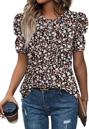 Leg-of-mutton puff sleeves and a dark floral print give this soft knit tee a polished, dressier presence for warm days.