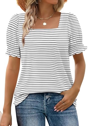 Crisp black and white stripes sharpen this airy summer tee, detailed with an open square neckline and elastic ruffle sleeves.