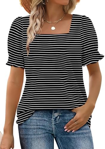 Clean black and white stripes give this square neck puff sleeve tee a crisp, nautical look that pairs easily with denim.