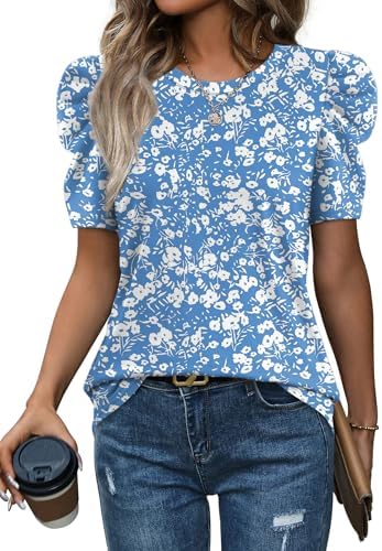 Crisp blue and white patterning sets a tidy, cheerful tone on this soft knit top with structured leg-of-mutton puff sleeves.