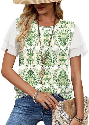 Soft knit meets double-layer chiffon ruffle sleeves in an earthy green ethnic floral print that dresses up easily for work or weekends.