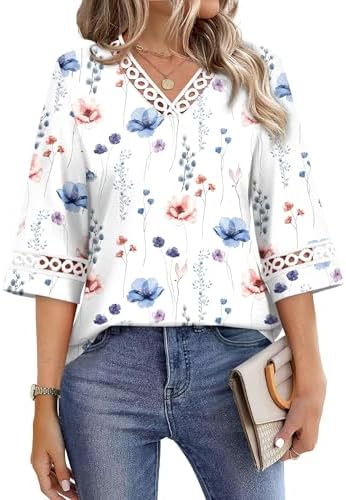 Lush botanical leaves scatter across this airy tunic blouse, finished with delicate eyelet lace trims and gentle bell cuffs.