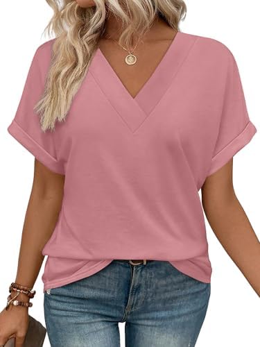 Cut in a bright pink knit, this easy short-sleeve top features neat rolled cuffs and an open V-neckline for warm days.