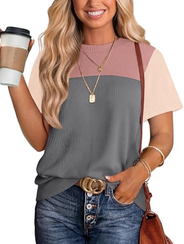 Muted gray stripes balance a clean pink backdrop on this easy short-sleeve knit top cut for everyday summer wear.