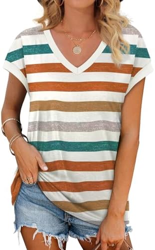 Bold orange stripes give this soft v-neck top a cheerful beach feel that pairs easily with cutoffs or denim skirts.