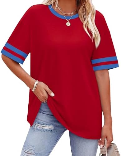 A bright red summer tee cut loose through the torso with sporty striped trim at the cuffs for an easy vacation layer.