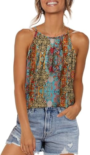 Bright tones combine across this pleated halter tank, cut loose through the body with a softly curved lower hem.