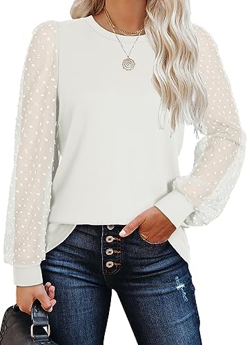 Crisp white knit pairs with sheer swiss-dot puff sleeves for an airy top that transitions smoothly into cooler evenings.